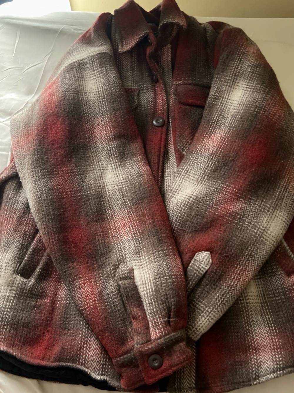 Classic Red and Cream Plaid Wool-Blend Pea Coat